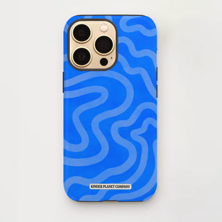 Blue wavy patterned phone case on a white background