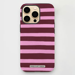 Phone case with pink and purple horizontal stripes on a light gray background