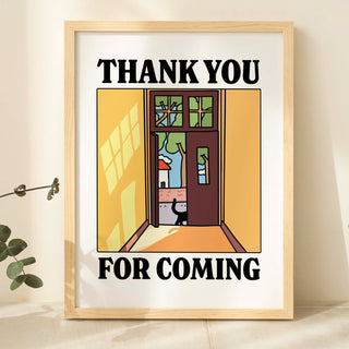Framed poster with 'Thank you for coming' text and a door illustration on a light background.
