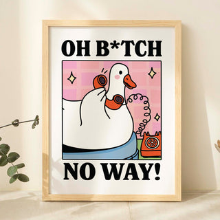 Framed artwork with a cartoon goose and text on a light background