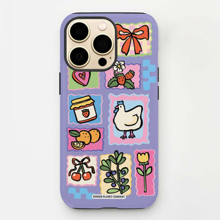 Phone case with colorful illustrations on a light purple background
