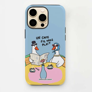 Phone case with cartoon ducks at a cafe on a light blue background
