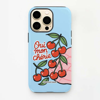 Phone case with cherry design and text on a light blue background