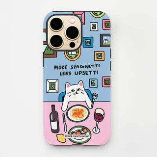 Phone case with a cat illustration and text on a light blue background