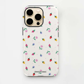 Phone case with colorful fruit pattern on a white background