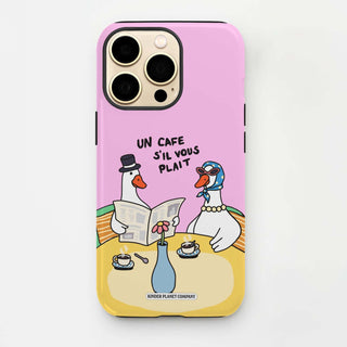 Phone case with cartoon ducks at a cafe on a pink background