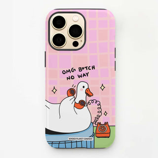 Phone case with a cartoon duck and text on a pink checkered background
