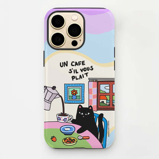 Phone case with a cat illustration and text on a white background