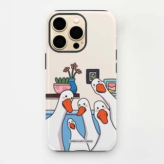 Phone case with cartoon ducks design on a white background