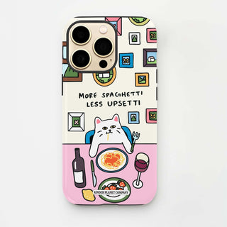 Phone case with cartoon cat, food illustrations, and text on a light background