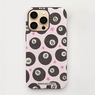 Phone case with black circle pattern and pink stars on a light gray background