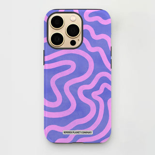 Phone case with pink and purple wavy pattern on a light gray background
