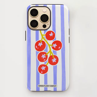 Phone case with red berry design and blue stripes on a white background