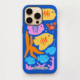 Phone case with colorful fish design on a blue background