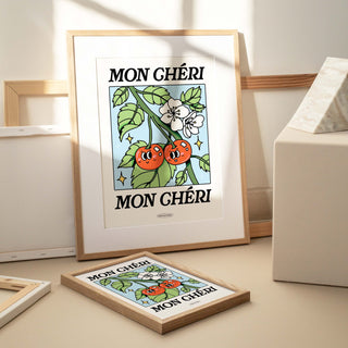Mon Cheri French Cherry poster, Botanical Print, Flower Market poster, Flowers print, Retro Art, Blue Large Poster Prints, UNFRAMED