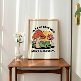 'Don't Be Stressing' Mushroom Frog Print - Art Prints - Kinder Planet Company
