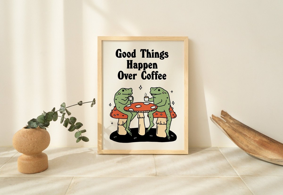 Framed "Good Things Happen Over Coffee" Print - Framed Prints - Kinder Planet Company