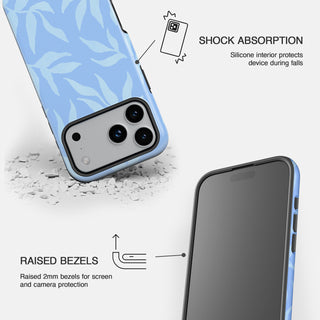 Blue leaves abstract phone case with periwinkle base, black camera cutout, and raised bezels.