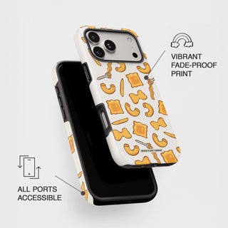 White phone case with repeating pasta shapes and "Pasta La Vista Baby" text.
