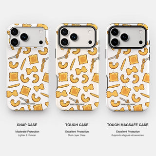 White phone cases with a repeating pattern of golden pasta shapes and "Pasta La Vista Baby" text.