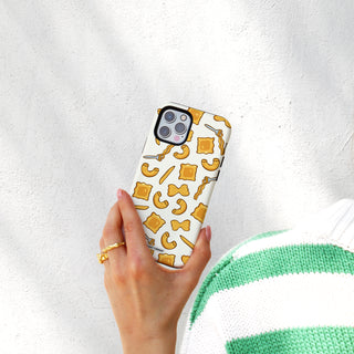 White phone case with a repeating pasta pattern and "Pasta La Vista Baby" text.