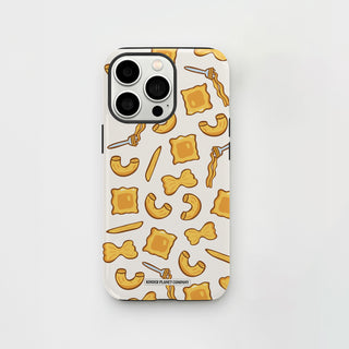 Creamy phone case with a playful repeating pattern of various pasta shapes and forks.