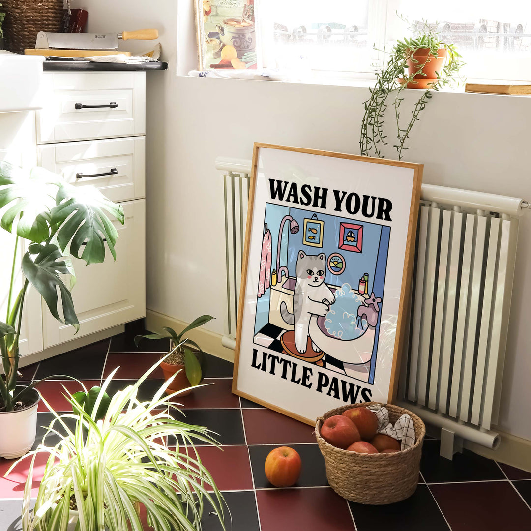 'Wash your little Paws' Grey Cat Print