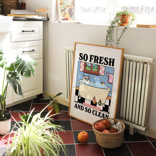 'So Fresh and So Clean' White and Grey Cat Print
