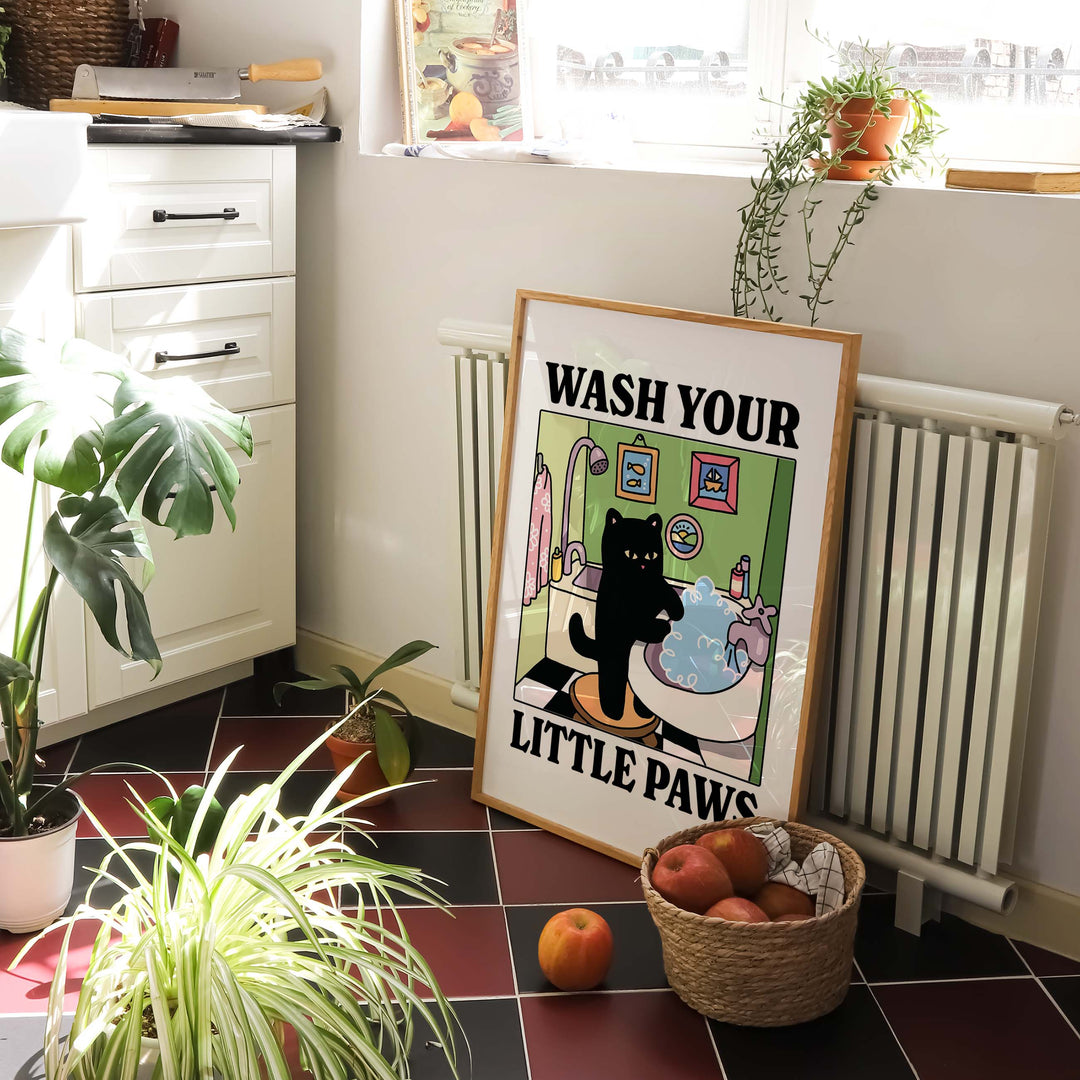 'Wash your little Paws' Green Cat Print