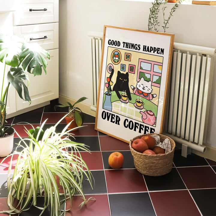 'Good Things Over Coffee' Cat Print