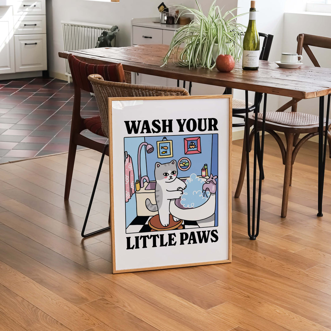 'Wash your little Paws' Grey Cat Print