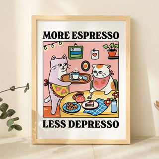 'More Espresso Less Depresso' White Cat Print