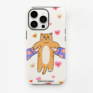 Phone case with a cartoon cat design and heart patterns on a white background