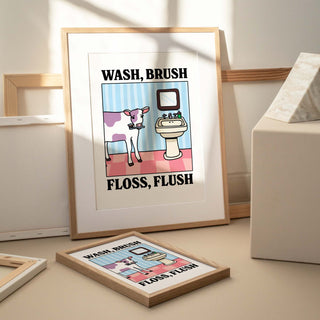 'Wash Brush Floss Flush' Cow Print