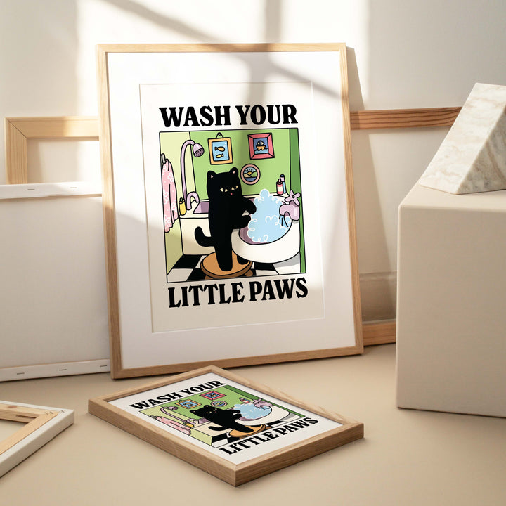 'Wash your little Paws' Green Cat Print