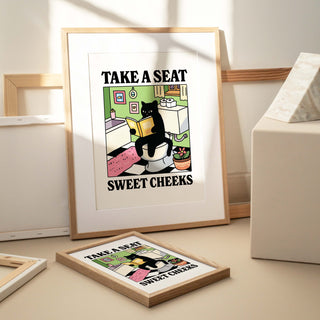 'Please take a seat Sweet Cheeks' Green Cat Print