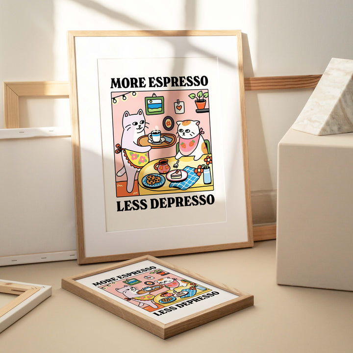 'More Espresso Less Depresso' White Cat Print