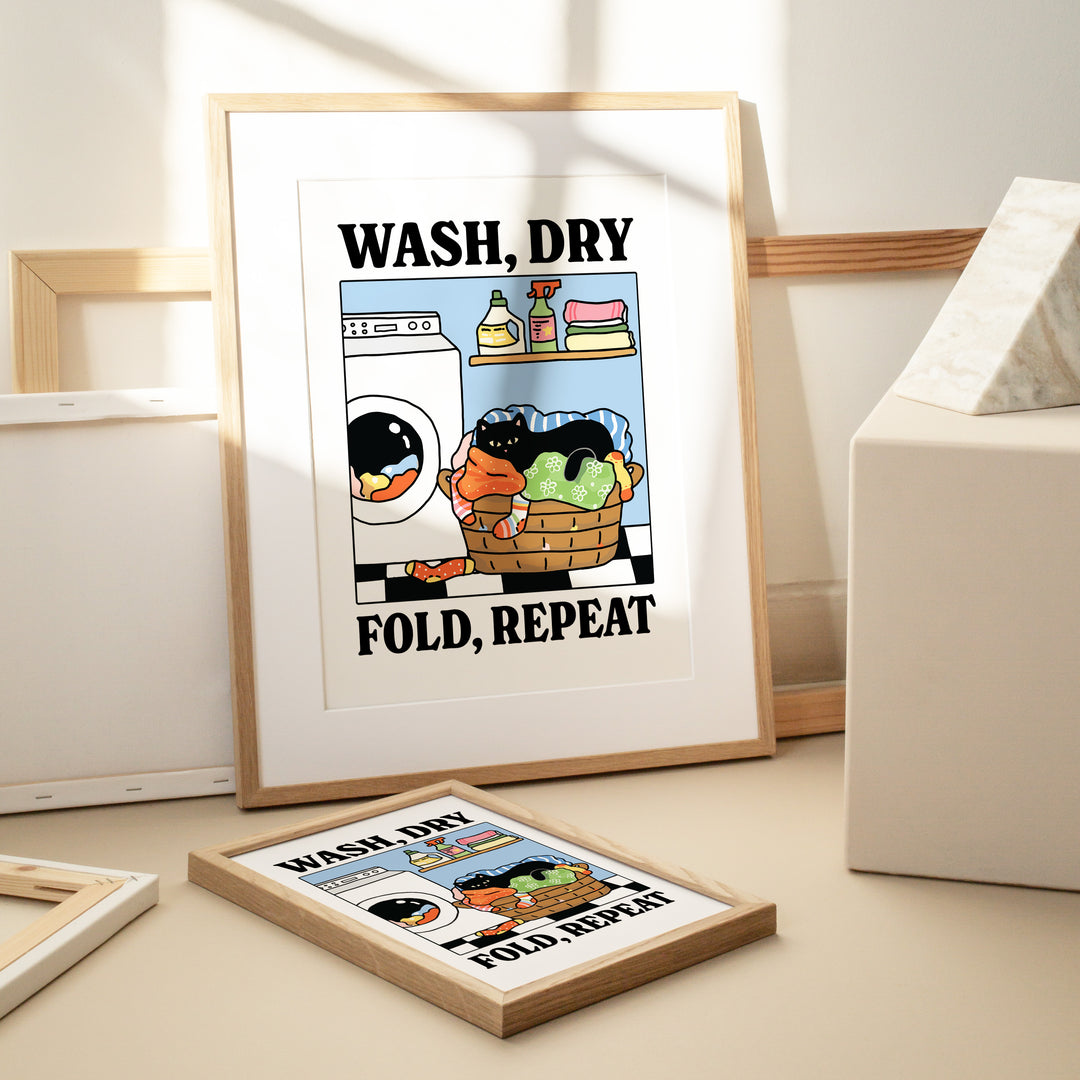 'Wash, Dry, Fold Repeat' Cat Print