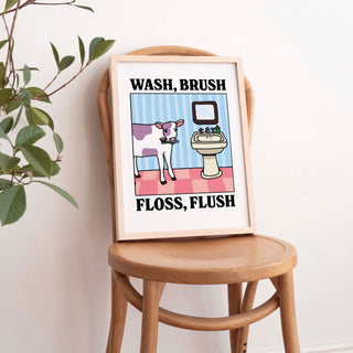'Wash Brush Floss Flush' Cow Print