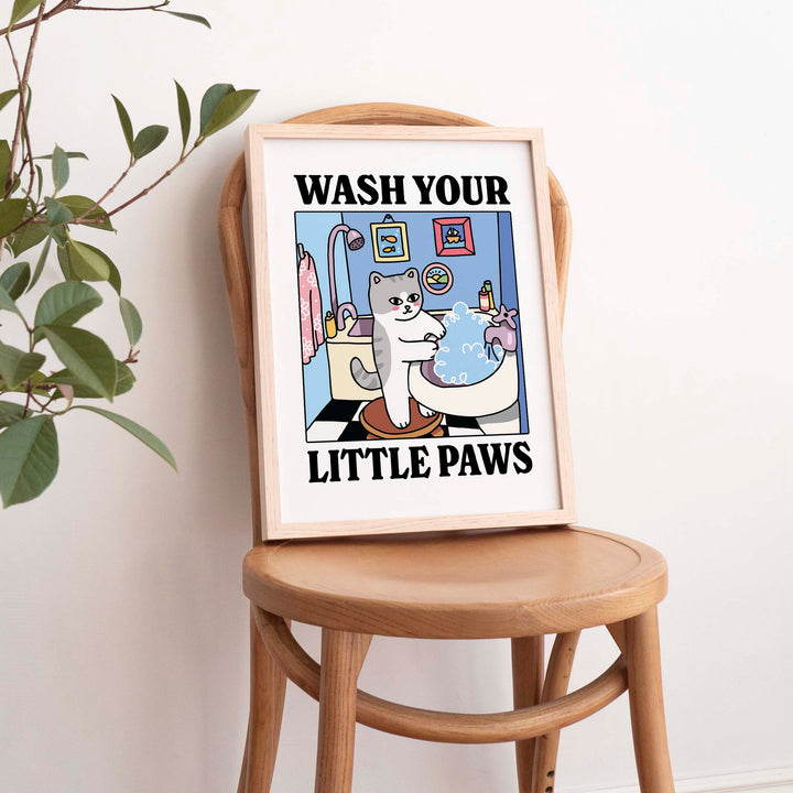 'Wash your little Paws' Grey Cat Print