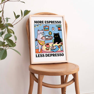 'More Espresso Less Depresso' Black Cat Print