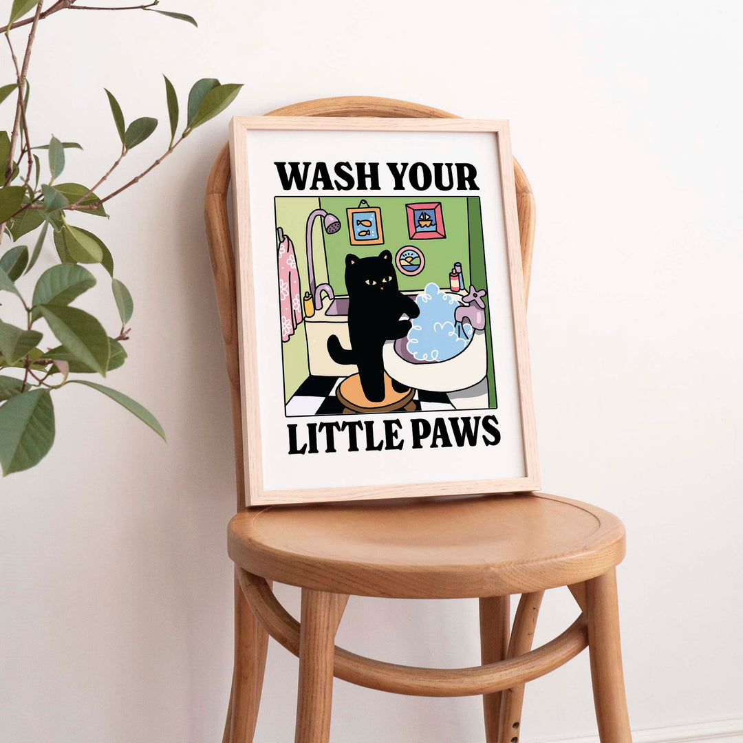 'Wash your little Paws' Green Cat Print