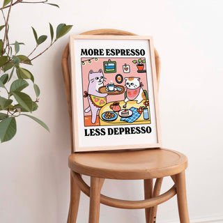 'More Espresso Less Depresso' White Cat Print