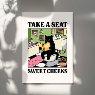 'Please take a seat Sweet Cheeks' Green Cat Print