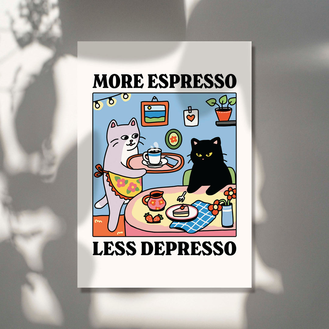 'More Espresso Less Depresso' Black Cat Print