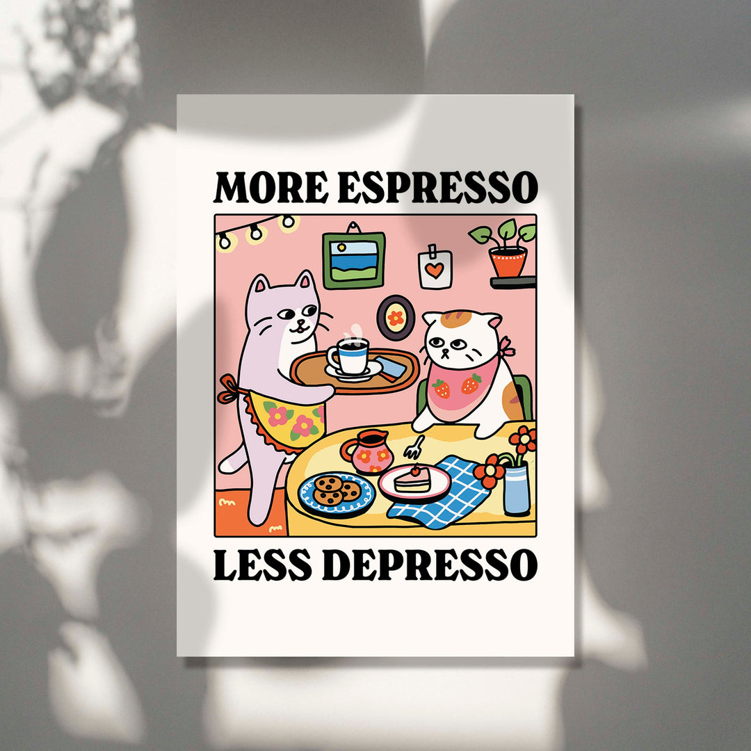 'More Espresso Less Depresso' White Cat Print