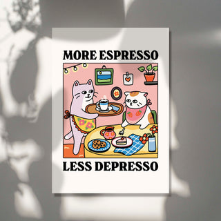 'More Espresso Less Depresso' White Cat Print