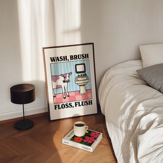 'Wash Brush Floss Flush' Cow Print