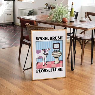 'Wash Brush Floss Flush' Cow Print