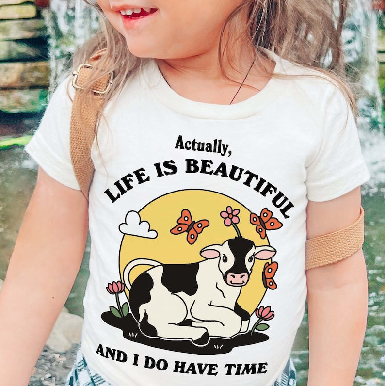 'Actually life is beautiful' Kid's Cow T-shirt